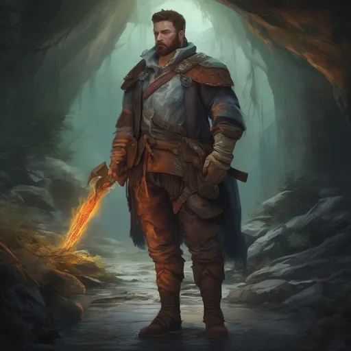 Prompt: (Full body) male stocky handsome arcane-ranger with short-cut hair and beard, in a forest cave at night pathfinder, d&d setting, in a realistic high quality digital art style