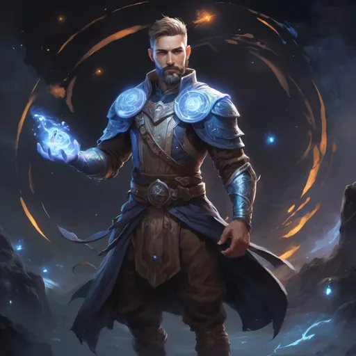 Prompt: (Full body) male stocky young muscular cleric with short-cut hair and a beard, casting a swirly astral-spell, in nature at night pathfinder, d&d setting