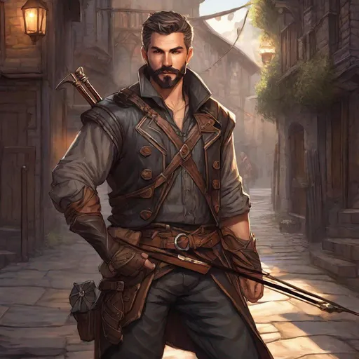Prompt: (Full body) handsome bard glowing eyes with short cut hair with grey streaks short beard, manly face, leather shirt, holding a crossbow, pathfinder, dungeons and dragons, in a dark back street, in a painted style, realistic