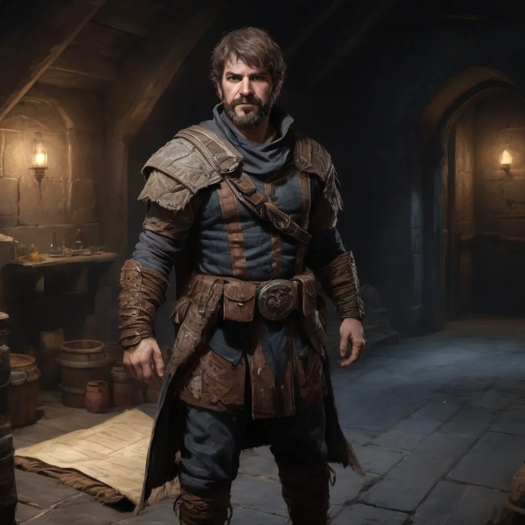 Prompt: Male stocky large beefy bandit with short-cut hair and beard, exploring a dark trasure room, pathfinder, d&d setting, realistic, enhanced shadow quality