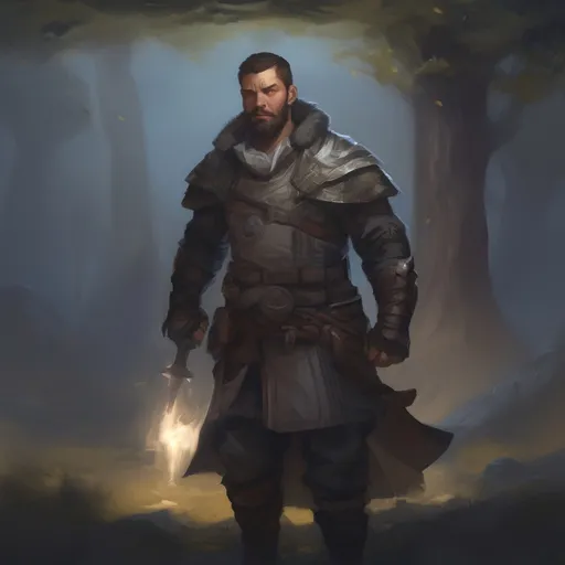 Prompt: (Full body) male manly stocky holy paladin with dark short-cut hair and beard, in nature at night, pathfinder, d&d setting, in a realistic digital art style