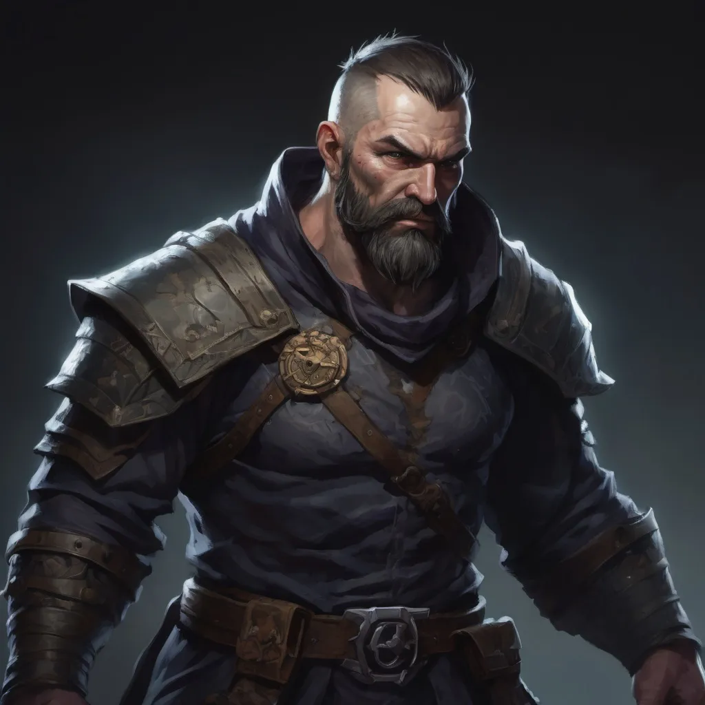 Prompt: Male stocky large mature fighter with short-cut hair and beard, exploring a dark dungeon fighter a shadow-monster, pathfinder, d&d setting, enhanced shadow quality, colorful