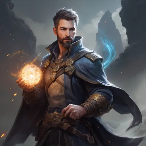 Prompt: Male heavy-set mature fit mystic with short-cut hair and beard, holding a magical portal-spell in hand, in a windy battlefield, pathfinder, d&d setting, enhanced shadow quality