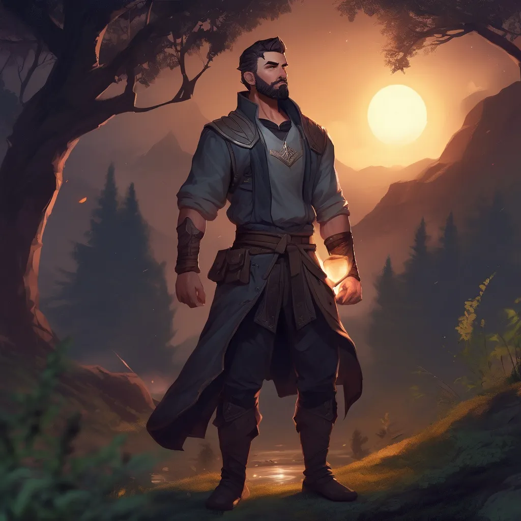 Prompt: (Full body) male muscular summoner with short hair and beard, in nature at night, pathfinder, d&d setting, in a realistic digital art style