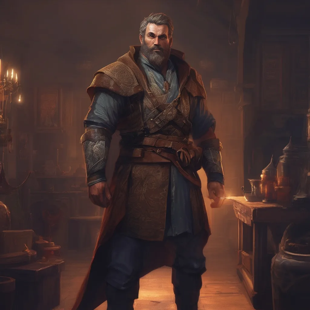 Prompt: (Full body) male stocky big-chested Noble sorcerer with short hair and beard, in a dark room, pathfinder, d&d setting, in a realistic digital art style