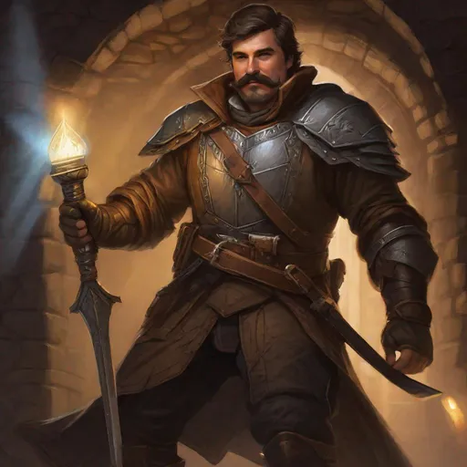 Prompt: (Fullbody) a mature rogue manly face, brown-grey short-hair mustache and stubble, leather armor open chest hairy, heavy belt, brown boots, cloak, pathfinder, dungeons and dragons, exploring an old dungeon in the dark, holding a dagger and a lantern, in a painted style, realistic