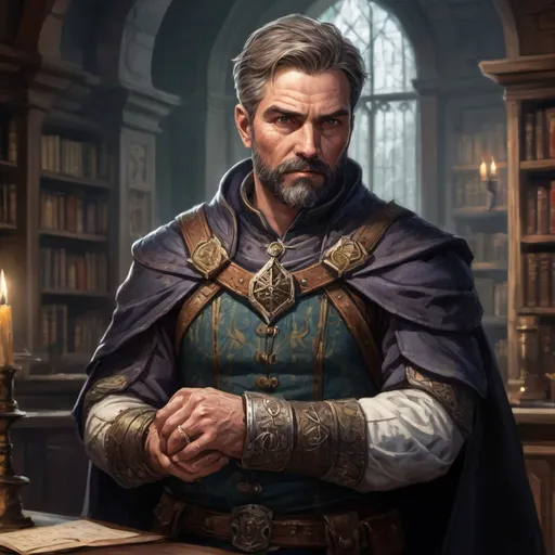 Prompt: Male stocky mature noble marksman, with short hair and beard, in a dark library in a castle, pathfinder, d&d setting, enhanced shadow quality, colorful