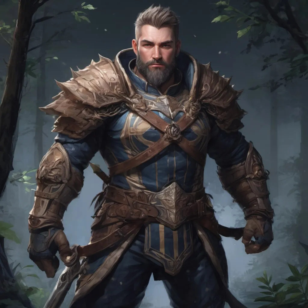 Prompt: (Full body) male stocky big-chested noble dragoon with striped short hair and beard, in nature at night, pathfinder, d&d setting, in a realistic digital art style