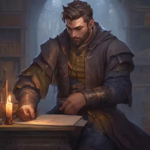 Prompt: (Full body) male stocky young royal alchemist with short-cut hair and beard, in a dark labratory, pathfinder, d&d setting, in a realistic digital art style