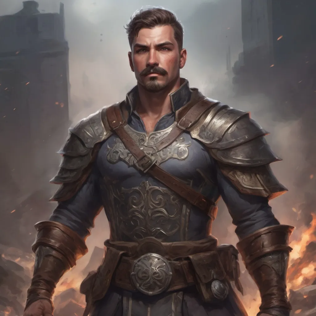 Prompt: (Full body) male stocky masculine manly hunky royal guard with short hair and mustache, hairy chest, in a dark battle field, pathfinder, d&d setting, in a realistic high quality digital art style