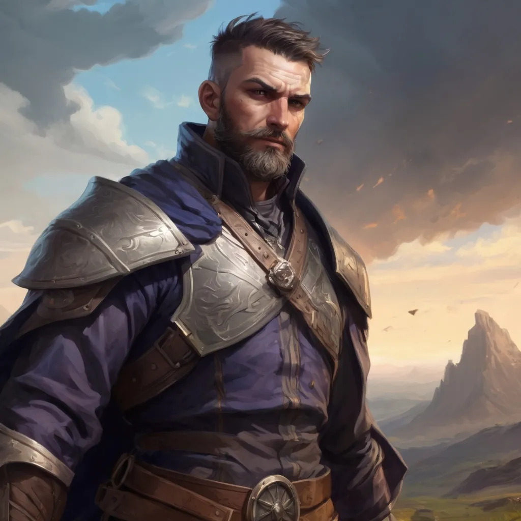 Prompt: Male stocky large muscular royal alchemist with short-cut hair and beard, in a windy field, pathfinder, d&d setting, realistic, enhanced shadow quality