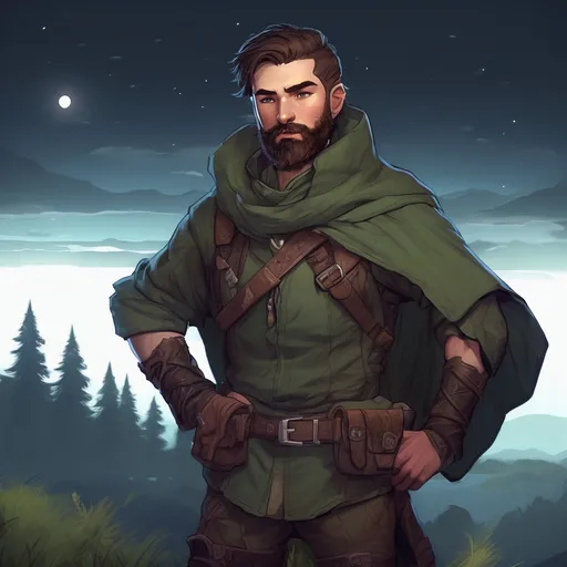 Prompt: (Full body) male ranger with short hair and beard, in nature at night, pathfinder, d&d setting, in a realistic digital art style