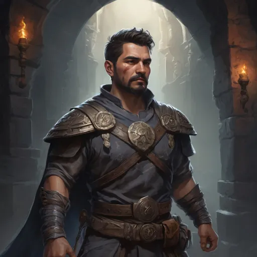 Prompt: Male stocky large mature mexican fighter with short-cut hair and beard, exploring a dark astral dungeon, pathfinder, d&d setting, in a realistic high quality digital art style, enhanced shadow quality, colorful