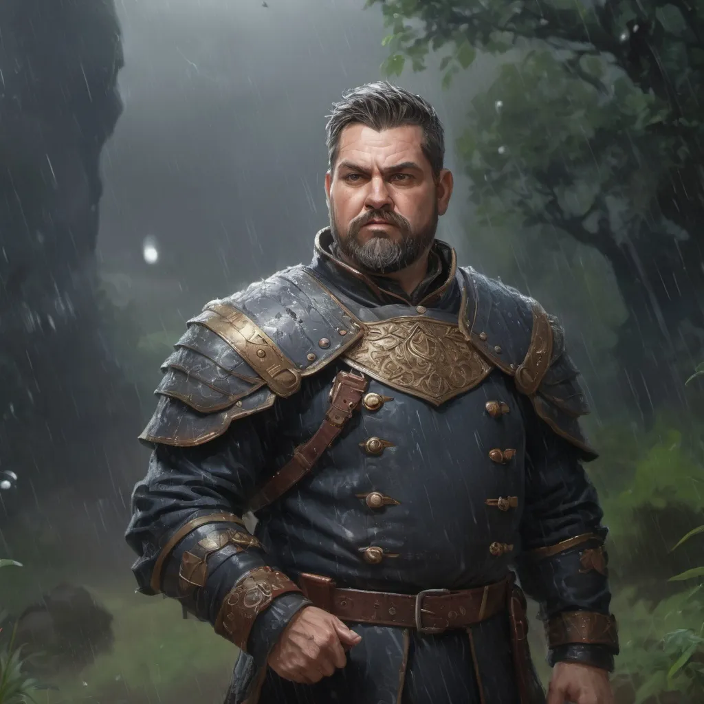 Prompt: Male stocky heavy-set fat noble guard with short-cut hair and beard, in nature in a heavy rainstorm, pathfinder, d&d setting, in a realistic high quality digital art style, enhanced shadow quality, colorful