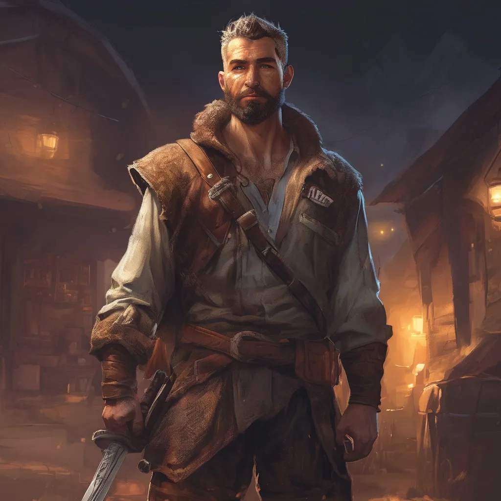 Prompt: (Full body) A male ranger with a fuzzy chest short-cut salt and pepper hair with short-beard manly face no shirt on, pathfinder, faint lights in the background, holding sword, dungeons and dragons, brown boots, fantasy setting, standing in a backstreet at night, in a digital realistic art style