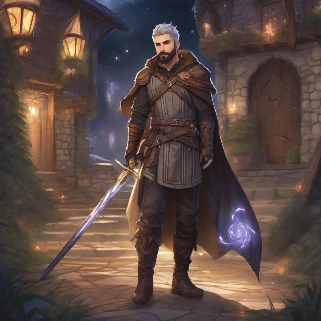 Prompt: (Fullbody) male arcanist manly face short-hair grey stripes, short-bearded, leather shirt, open shirt, heavy belt, swirly magic from staff, brown boots, cloak, pathfinder, dungeons and dragons, outside a town by a forest at night, holding a weapon, in a painted style, realistic