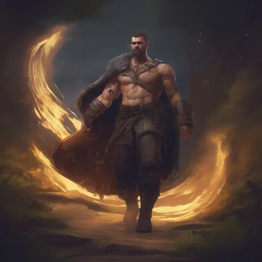 Prompt: (Full body) male stocky ranger with short-cut hair and beard, no shirt on, hairy chest, casting a swirly nature-spell, in nature at night pathfinder, d&d setting, in a realistic digital art style