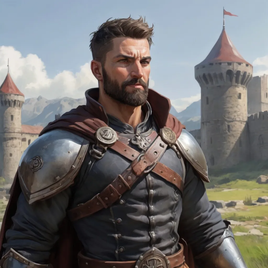Prompt: Male heavy-set mature fit muscular large fighter with short-cut hair and beard, in a windy castleground, pathfinder, d&d setting, enhanced shadow quality