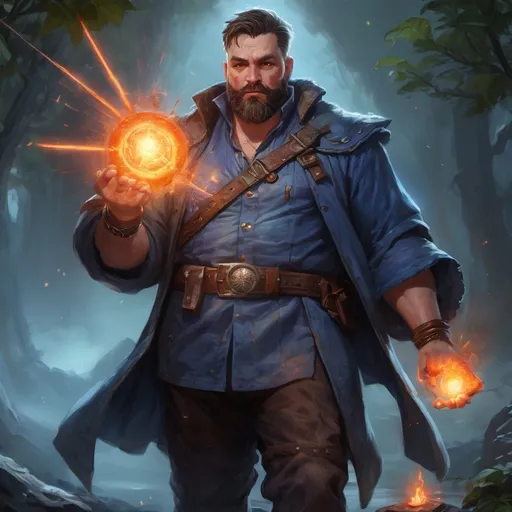 Prompt: Male stocky large fat sorcerer with short-cut hair and beard, open shirt hairy chest, in combat casting a magic-ray out of hands in nature at night, pathfinder, d&d setting, in a realistic high quality digital art style, enhanced shadow quality, colorful