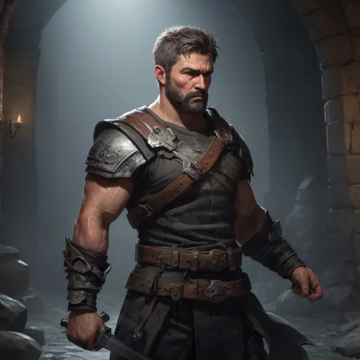 Prompt: Male stocky mature beefy guardian with short-cut hair and beard, in a dungeon, in combat, holding a sword, realistic, enhanced shadow quality