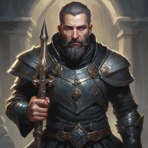 Prompt: (torso) Male stocky fit 39-year old royal magus with short-cut hair and beard, holding a magic staff, in movement, standing in a dark castle, pathfinder, d&d setting, enhanced shadow quality, colorful