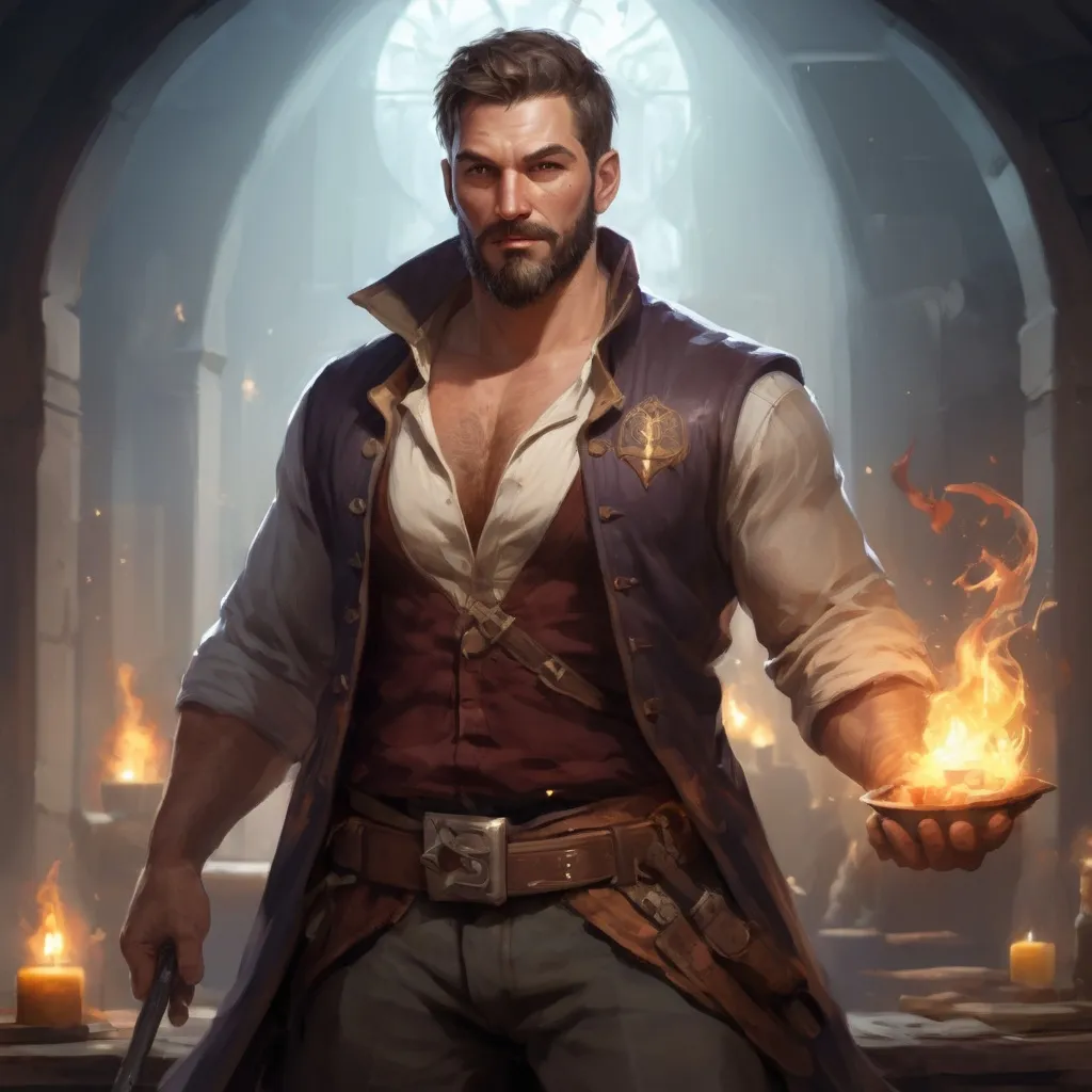 Prompt: (head and torso) Male heavy-set fit fat beefy 35-year old hunky battle mage-with short-cut hair and beard, hairy chest (chest hair), open shirt big belly, holding magic-spell in hand, in a dark tavern room, pathfinder, d&d setting, enhanced shadow quality