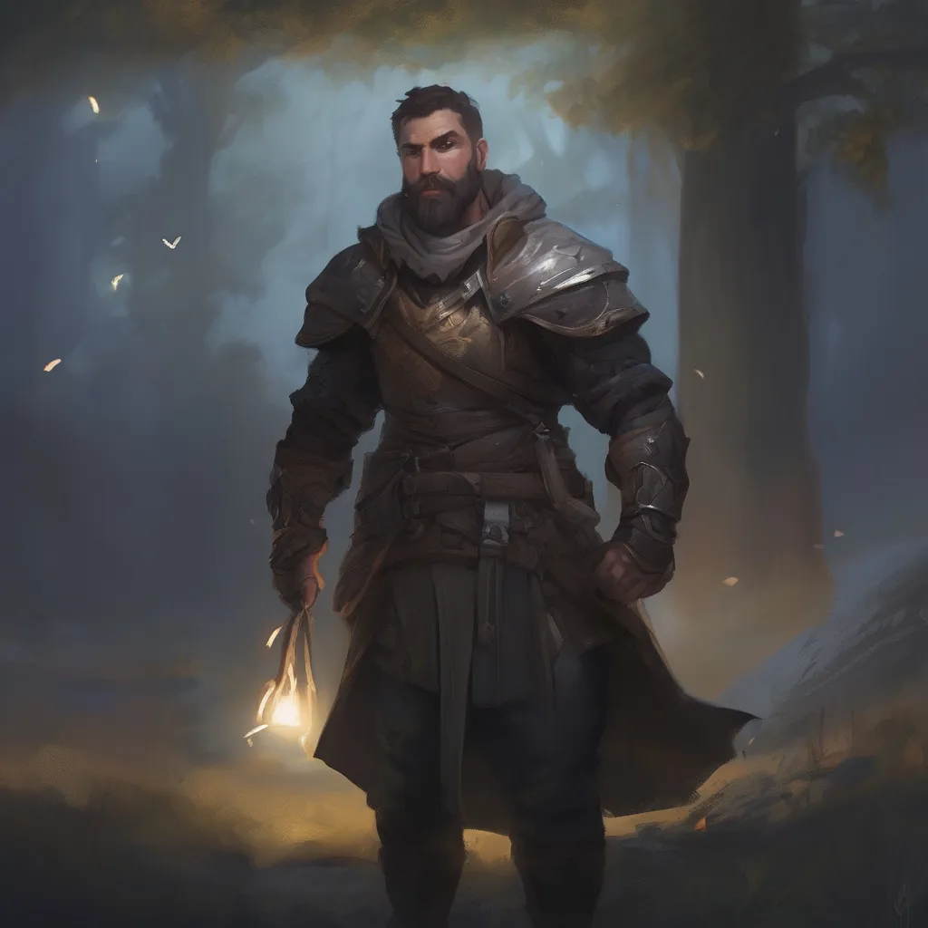 Prompt: (Full body) male manly stocky holy paladin with dark short-cut hair and beard, in nature at night, pathfinder, d&d setting, in a realistic digital art style