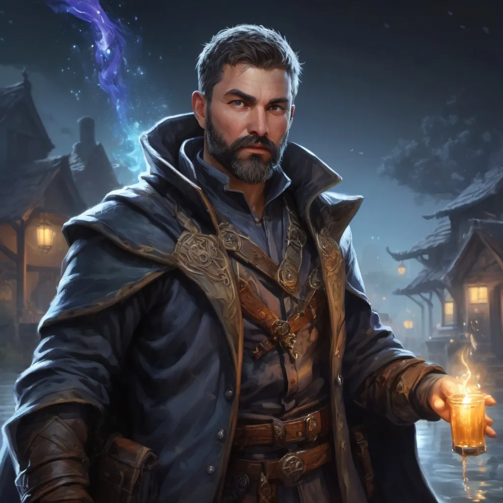 Prompt: male stocky heavy-built handsome bandit-magus with short hair and beard, wearing magic coat, casting a water-spell, by a small village at night, pathfinder, d&d setting, in a realistic high quality digital art style