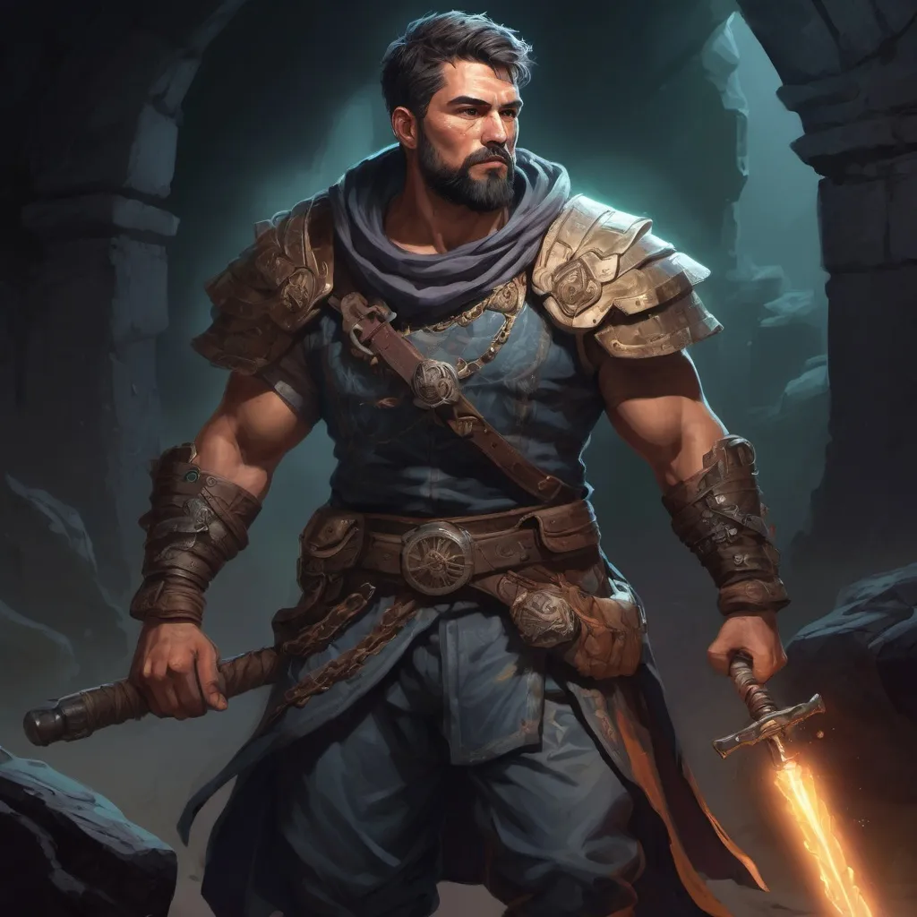 Prompt: Male stocky large mature mexican fighter with short-cut hair and beard, exploring a dark astral dungeon, pathfinder, d&d setting, in a realistic high quality digital art style, enhanced shadow quality, colorful