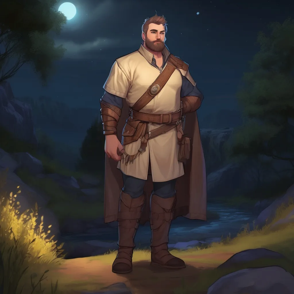 Prompt: (Full body) male stocky big-chested paladin with short hair and beard, thin open shirt on, in nature at night, pathfinder, d&d setting, in a realistic digital art style