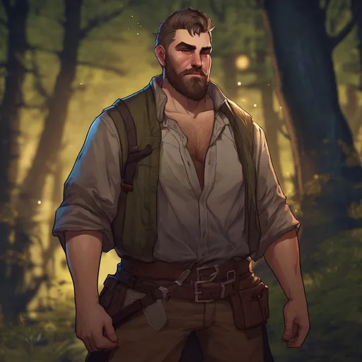 Prompt: (Full body) male stocky big-chested rogue with short hair and beard, thin open shirt on, in nature at night, pathfinder, d&d setting, in a realistic digital art style