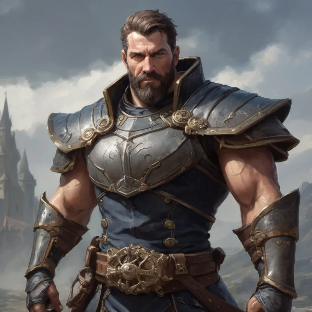 Prompt: Male heavy-set 42-year old muscular noble large sorcerer with short-cut hair and beard, in a windy castleground, pathfinder, d&d setting, enhanced shadow quality