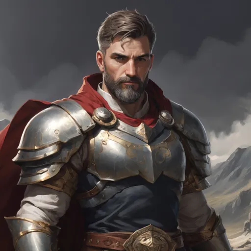 Prompt: Male heavy-set mature holy-paladin with short-cut hair and beard, in a windy valley, pathfinder, d&d setting, enhanced shadow quality