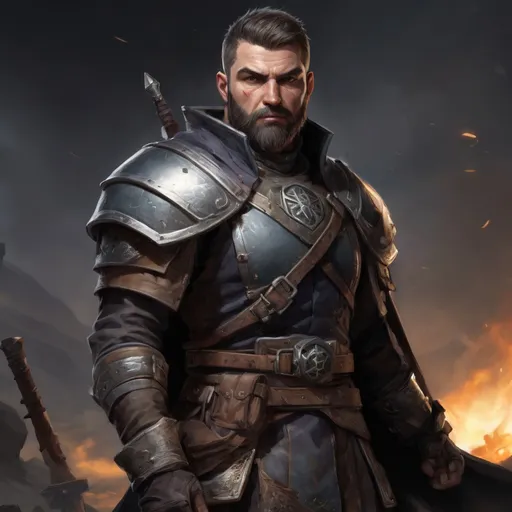 Prompt: Male stocky large beefy rogue with short-cut hair and beard, exploring a battle field, pathfinder, d&d setting, realistic, enhanced shadow quality