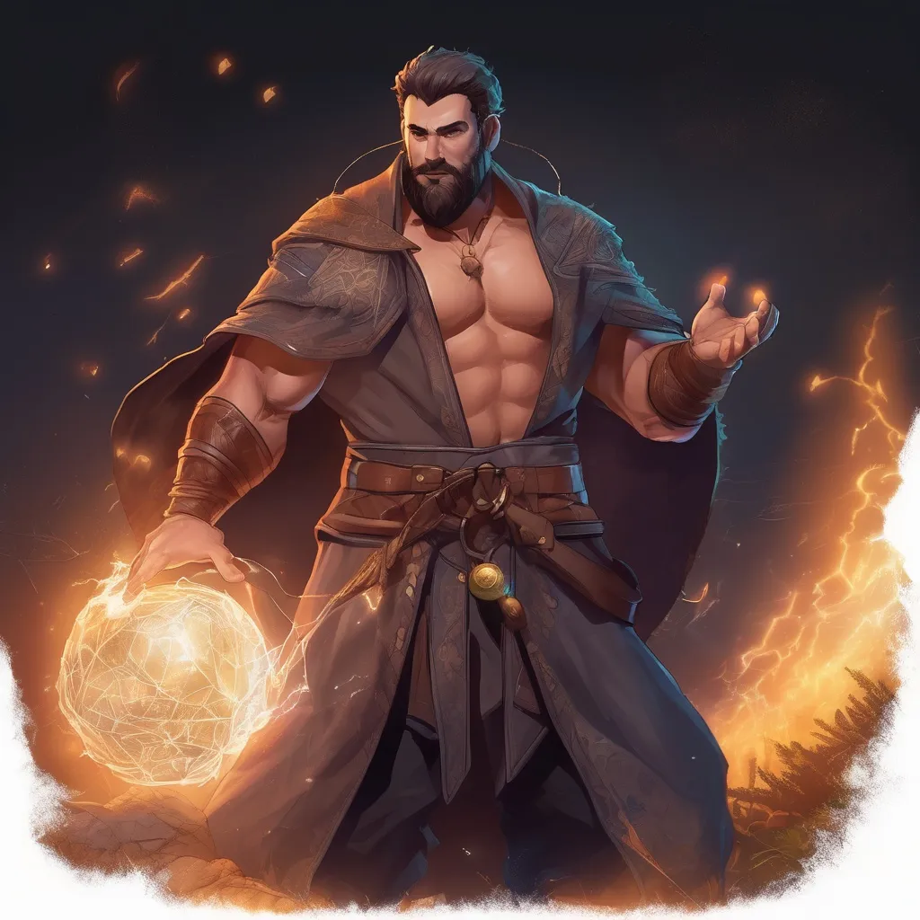 Prompt: (Full body) male stocky big-chested hairy-chested sorcerer with short hair and beard, no shirt on, casting a spell, in nature at night, pathfinder, d&d setting, in a realistic digital art style