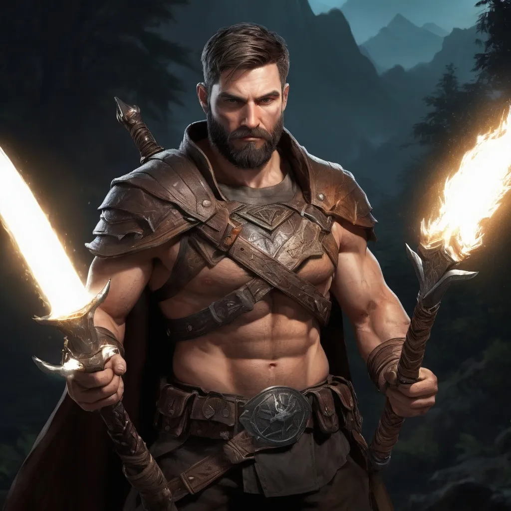 Prompt: male stocky fat muscular 
ranger-fighter with short hair and beard, holding fantasy-weapon, in nature at night, pathfinder, d&d setting, Realistic, Enhanced shadow and light quality