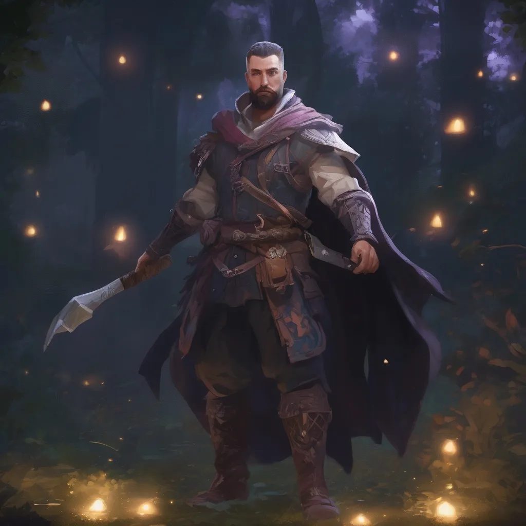 Prompt: (Full body) male muscular summoner with short hair and beard, in nature at night, casting a spell, pathfinder, d&d setting, in a realistic digital art style