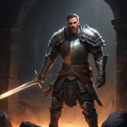 Prompt: Male stocky large mature knight with short-cut hair and beard, engaged in combat inside of a dark dungeon, pathfinder, d&d setting, in a realistic high quality digital art style, enhanced shadow quality, colorful