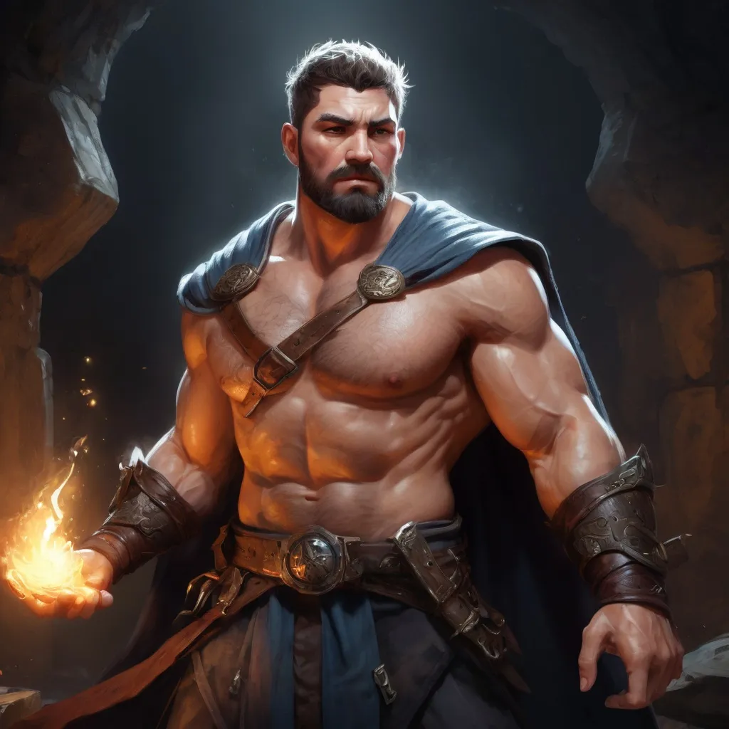 Prompt: Male stocky large muscular fat fantasy-druid with short-cut hair and beard, engaged in combat casting a white-light spell inside of a dark dungeon, pathfinder, d&d setting, in a realistic high quality digital art style, enhanced shadow quality, colorful