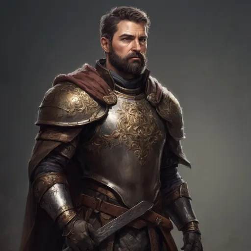 Prompt: (Full body) male stocky masculine mature italian royal knight with short hair and beard, hairy chest, in a dark field, pathfinder, d&d setting, in a realistic high quality digital art style