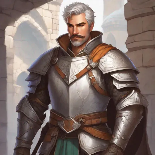 Prompt: (Full body) A hairy broad-chested large handsome male paladin with short-cut grey hair a mustache and stubble, pathfinger, dungeons and dragons, fantasy setting, going out on a quest, in a painted style realistic