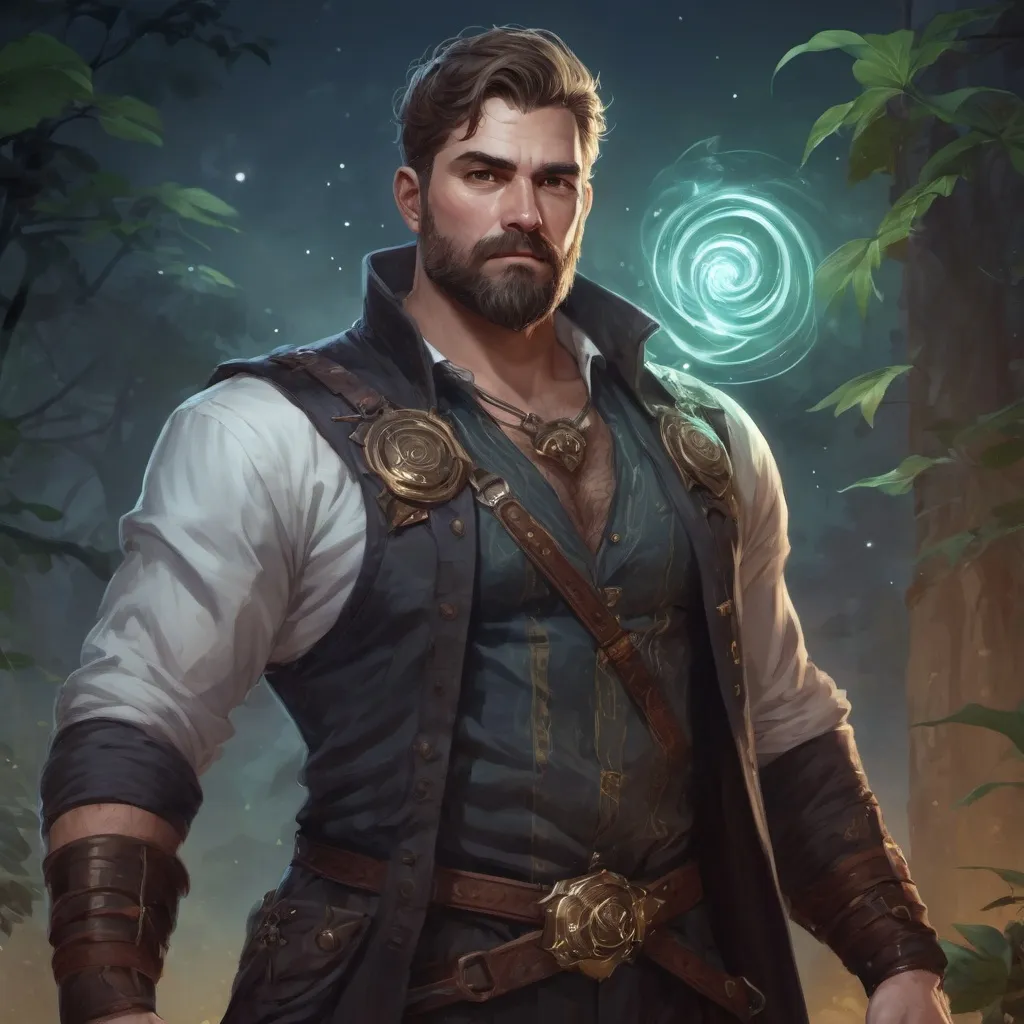 Prompt: (Full body) male stocky heavy-set 
transmuter with short hair and beard, hairy chest, casting swirly bright spell, in nature at night, pathfinder, d&d setting, in a realistic high quality digital art style