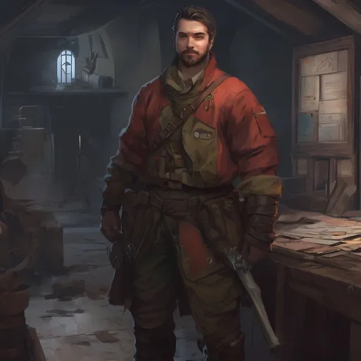 Prompt: (Full body) male stocky young royal engineer with short-cut hair and beard, in a dark room, pathfinder, d&d setting, in a realistic digital art style