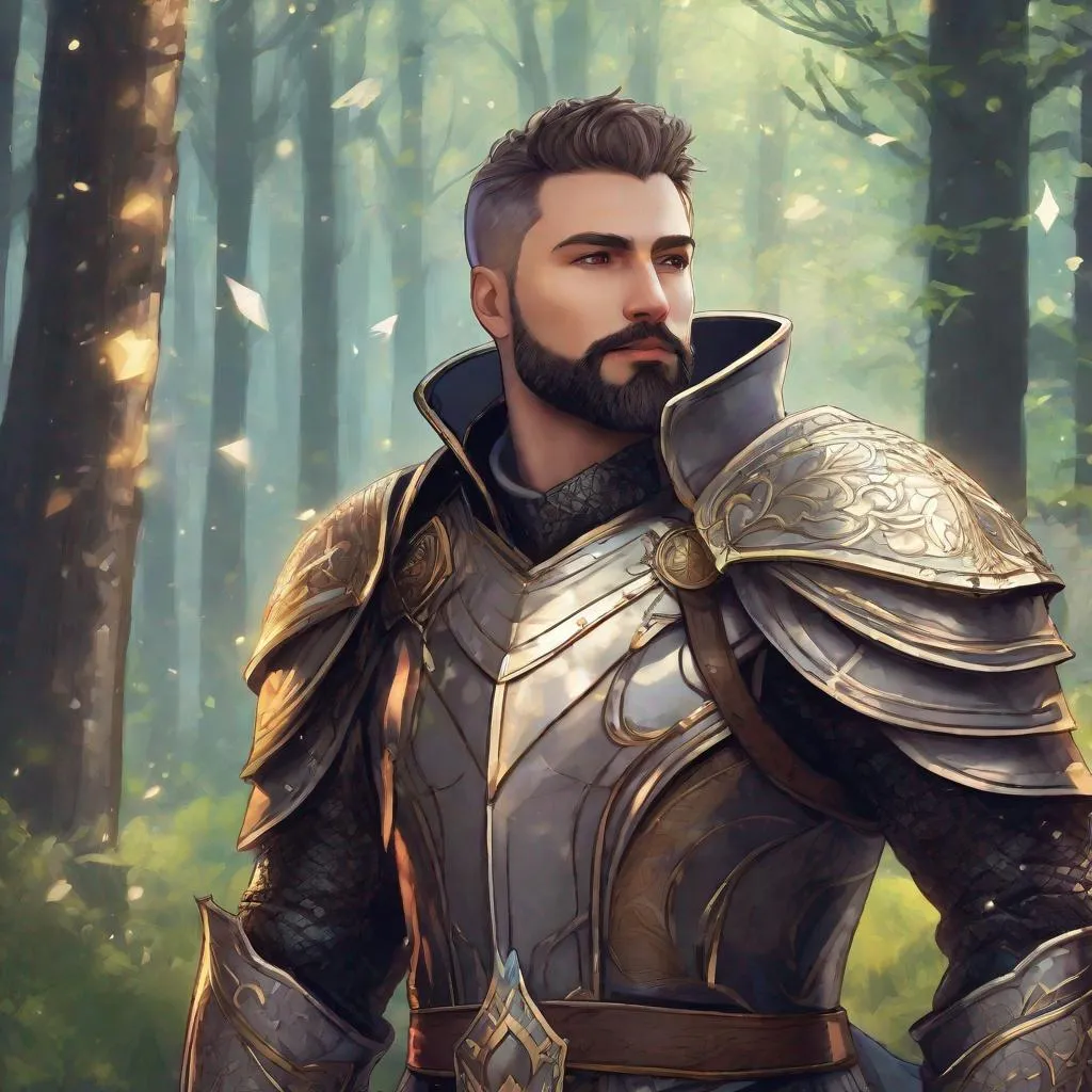 Prompt: (Full body) gay male magus with a short hair and beard, revealing armor, standing outside of a forest, fantasy setting, in a realistic detailed digital art style.