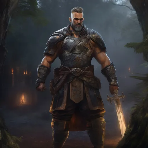 Prompt: (Full body) male handsome large muscular magical battle mage with short hair and beard, outside of a dungeon by a forest at night, pathfinder, d&d setting, in a realistic high quality digital art style