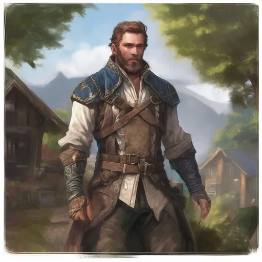 Prompt: (Full body) male handsome large norwegian arcanist with short hair and beard, by a small fantasy village, pathfinder, d&d setting, in a realistic high quality digital art style