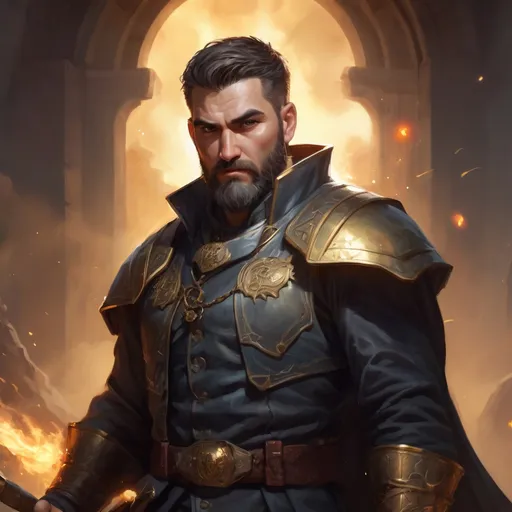 Prompt: Male stocky heavy-set mature illutionist with short-cut hair and beard, on a battlefield, in combat, casting a gold-spell, pathfinder, d&d setting, in a realistic high quality digital art style, enhanced shadow quality