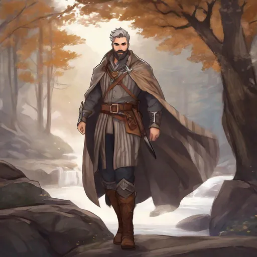 Prompt: (Fullbody) druid manly face short-hair grey stripes, short-bearded, leather shirt, open shirt, heavy belt, swirly magic from staff, brown boots, cloak, pathfinder, dungeons and dragons, monocle, outside a town by a forest at night, holding a weapon, in a painted style, realistic