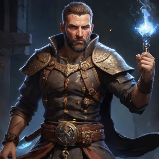 Prompt: (torso) Male stocky large battle-mage with short-cut hair and beard, engaged in combat casting an arcane-spell inside of a dark dungeon, in movement, pathfinder, d&d setting, realistic, enhanced shadow quality, colorful