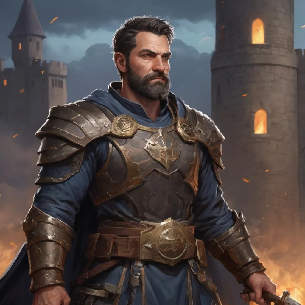 Prompt: Male heavy-set 42-year old muscular noble large cleric with short-cut hair and beard, in a windy castleground at dusk, pathfinder, d&d setting, enhanced shadow quality